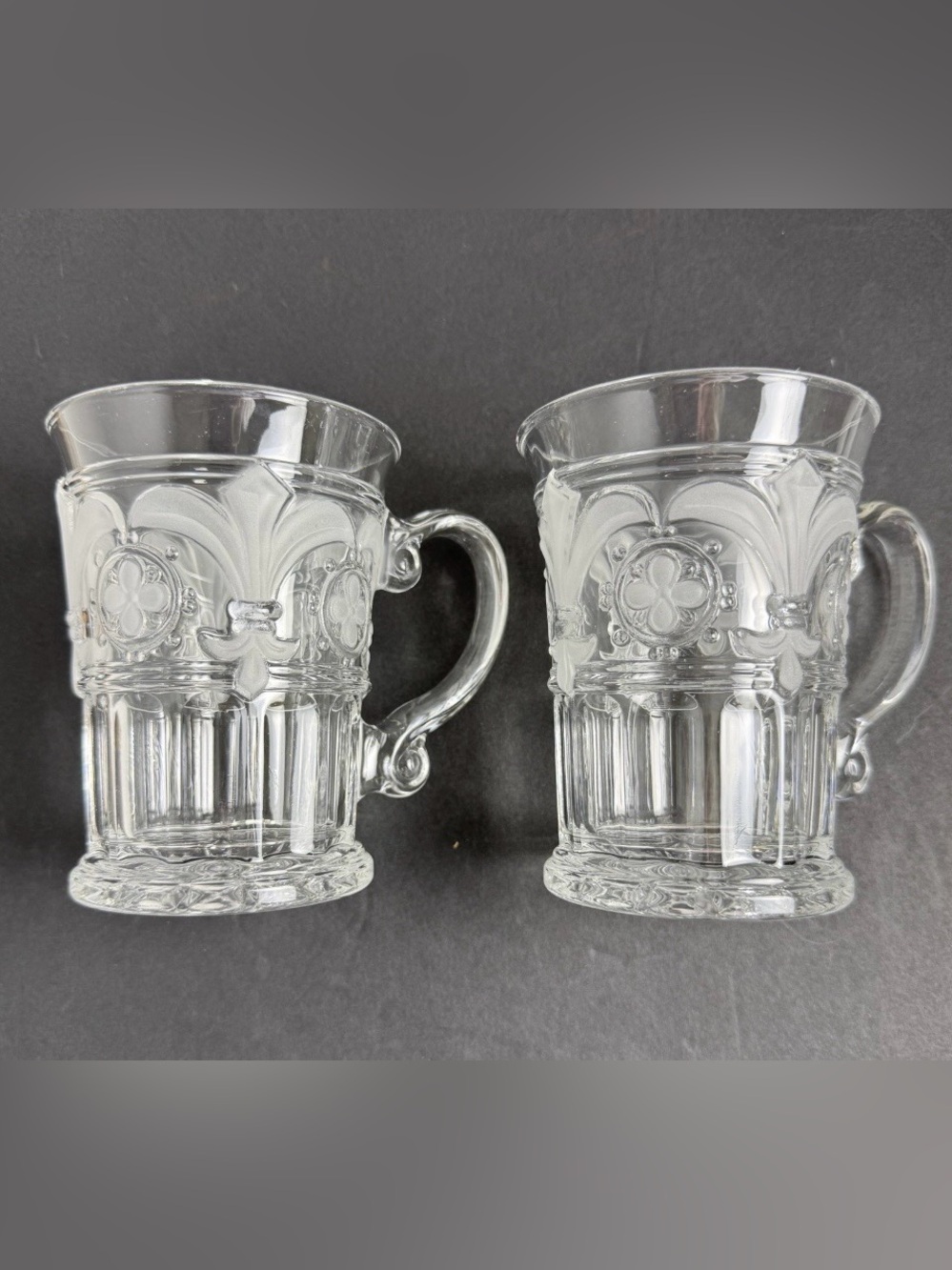 2 Vintage Crystal Clear Industries Fleur de Lis Glass Mug Clear Frosted Coffee